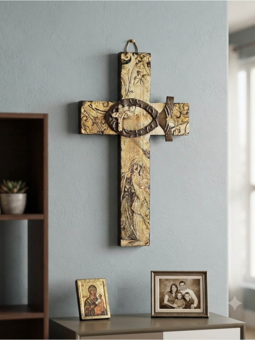 Decorative Wooden Cross with metal Artistic Design